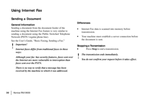 Page 32|Konica FA X 9930 30
Using Internet Fax
Sending a Document
General Information
Sending a document from the document feeder of the
machine using the Internet Fax feature is very similar to
sending a document using the Public Switched Telephone
Network (PSTN / regular phone line).
See the User’s Guide, “Basic Faxing, Sending a Fax.”
!
Important!
Internet faxes differ from traditional faxes in these
ways:
Although your fax  has security features, faxes sent over
the Internet are more vulnerable to...