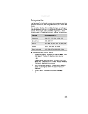 Page 91www.gateway.com
85
Finding other files
Use Windows Find or Search to locate other personal data files. 
For more information, see “Using Windows” in your online User 
Guide.
You can often identify different data file types by looking at 
the file’s extension (the part of the file name following the last 
period). For example, a document file might have a .DOC 
extension and a spreadsheet file might have an .XLS extension.
To find files using Find or Search:  
1In Windows Vista or Windows XP, click...