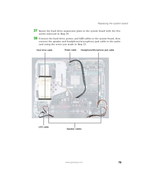 Page 8479
Replacing the system board
www.gateway.com
37Secure the hard drive suspension plate to the system board with the five 
screws removed in Step 24.
38Connect the hard drive, power, and LED cables to the system board, then 
connect the speaker and headphone/microphone jack cable to the audio 
card using the notes you made in Step 23.
Hard drive cablePowe r c a ble
Speaker cablesHeadphone/Microphone jack cable
LED cable
09561.book  Page 79  Wednesday, October 29, 2003  6:43 PM 