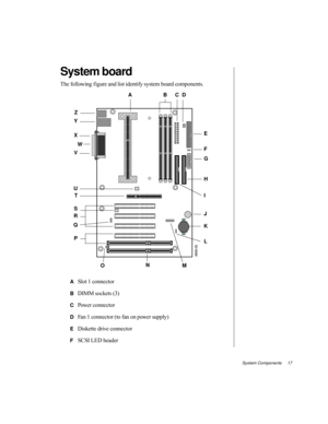 Page 28System Components     17
System board 
The following f igure and list identify system board components.
ASlot 1 connector
BDIMM sockets (3)
CPower connector
DFan 1 connector (to fan on power supply)
EDiskette drive connector
FSCSI LED header
ABCD
H
I
QRS VW X YZ
E
F
MG
J
K
L
O
U
N
T
P 