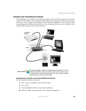 Page 8681www.gateway.com
Introduction to Networking
Example router-based Ethernet network
The following is an example of an Ethernet network. The network is made up of a router, 
a cable or DSL modem, your computers, and cables connecting each of these components. 
The router is the central control point for the network. Attached to the router are all of 
your computers or Ethernet-ready devices. Also connected to the router is a cable or DSL 
modem that provides access to the Internet.
Equipment you need for a...