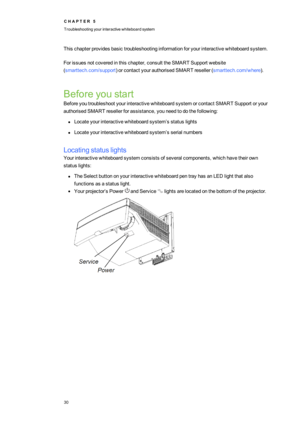 Page 38C H A P T E R5
Troubleshootingyourinteractivewhiteboardsystem
30
Thischapterprovidesbasictroubleshootinginformationforyourinteractivewhiteboardsystem.
Forissuesnotcoveredinthischapter,consulttheSMART Supportwebsite
(smarttech.com/supportyforcontactyourauthorisedSMARTreseller(smarttech.com/whereyf.
Beforeyoustart
BeforeyoutroubleshootyourinteractivewhiteboardsystemorcontactSMART Supportoryour
authorisedSMARTresellerforassistance,youneedtodothefollowing:...