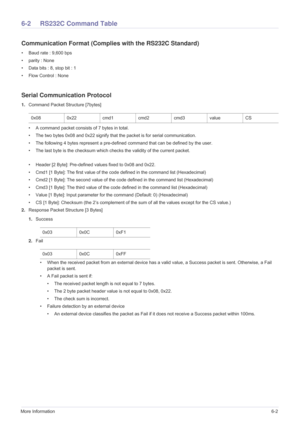 Page 78More Information6-2
6-2 RS232C Command Table
Communication Format (Complies with the RS232C Standard)
• Baud rate : 9,600 bps 
• parity : None
• Data bits : 8, stop bit : 1
• Flow Control : None
Serial Communication Protocol
1.Command Packet Structure [7bytes]
• A command packet consists of 7 bytes in total.
• The two bytes 0x08 and 0x22 signify that  the packet is for serial communication.
• The following 4 bytes represent a pre-defined  command that can be defined by the user.
• The last byte is the...