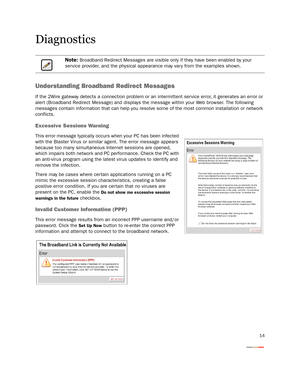 Page 1714
Diagnostics
Understanding Broadband Redirect Messages
If the 2Wire gateway detects a connection problem or an intermittent service error, it generates an error or 
alert (Broadband Redirect Message) and displays the message within your Web browser. The following 
messages contain information that can help you resolve some of the most common installation or network 
conflicts.
Excessive Sessions Warning
This error message typically occurs when your PC has been infected 
with the Blaster Virus or...