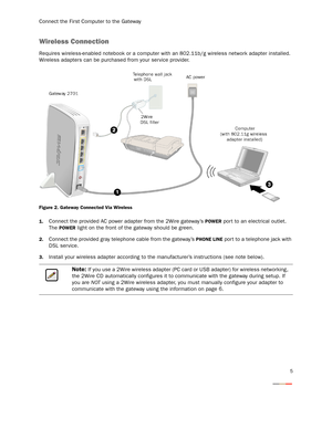 Page 8Connect the First Computer to the Gateway
5
Wireless Connection
Requires wireless-enabled notebook or a computer with an 802.11b/g wireless network adapter installed. 
Wireless adapters can be purchased from your ser vice provider.
Figure 2. Gateway Connected Via Wireless
1.
Connect the provided AC power adapter from the 2Wire gateway’s POWER por t to an electrical outlet. 
The 
POWER light on the front of the gateway should be green.
2.Connect the provided gray telephone cable from the gateway’s PHONE...