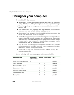 Page 214204
Chapter 13: Maintaining Your Computer
www.gateway.com
Caring for your computer
To extend the life of your system:
■Be careful not to bump or drop your computer, and do not put any objects 
on top of it. The case, although strong, is not made to support extra weight.
■When transporting your computer, we recommend that you put it in a 
carrying case.
■Keep diskettes and your computer away from magnetic fields. Magnetic 
fields can erase data on both diskettes and hard drives.
■Never turn off your...