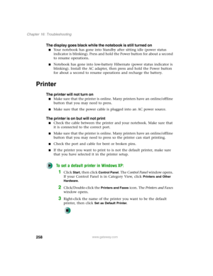 Page 268258
Chapter 16: Troubleshooting
www.gateway.com
The display goes black while the notebook is still turned on
■Your notebook has gone into Standby after sitting idle (power status 
indicator is blinking). Press and hold the Power button for about a second 
to resume operations.
■Notebook has gone into low-battery Hibernate (power status indicator is 
blinking). Install the AC adapter, then press and hold the Power button 
for about a second to resume operations and recharge the battery.
Printer
The...