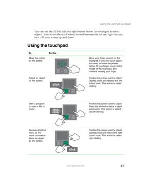 Page 4131
Using the EZ Pad touchpad
www.gateway.com
You can use the EZ-Pad left and right buttons below the touchpad to select 
objects. You can use the scroll wheel, located between the left and right buttons, 
to scroll your screen up and down.
Using the touchpad
To... Do this...
Move the pointer 
on the screen.Move your finger around on the 
touchpad. If you run out of space 
and need to move the pointer 
farther, lift your finger, move it to the 
middle of the touchpad, then 
continue moving your finger....