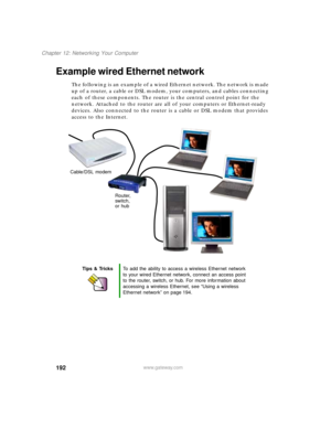 Page 203192
Chapter 12: Networking Your Computer
www.gateway.com
Example wired Ethernet network
The following is an example of a wired Ethernet network. The network is made 
up of a router, a cable or DSL modem, your computers, and cables connecting 
each of these components. The router is the central control point for the 
network. Attached to the router are all of your computers or Ethernet-ready 
devices. Also connected to the router is a cable or DSL modem that provides 
access to the Internet.
Tips &...