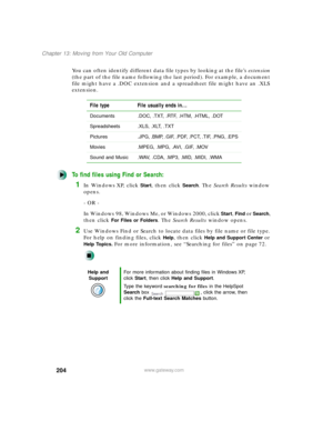 Page 215204
Chapter 13: Moving from Your Old Computer
www.gateway.com
You can often identify different data file types by looking at the file’s extension 
(the part of the file name following the last period). For example, a document 
file might have a .DOC extension and a spreadsheet file might have an .XLS 
extension.
To find files using Find or Search:
1In Windows XP, click Start, then click Search. The Search Results window 
opens.
- OR -
In Windows 98, Windows Me, or Windows 2000, click 
Start, Find or...