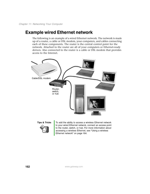 Page 171162
Chapter 11: Networking Your Computer
www.gateway.com
Example wired Ethernet network
The following is an example of a wired Ethernet network. The network is made 
up of a router, a cable or DSL modem, your computers, and cables connecting 
each of these components. The router is the central control point for the 
network. Attached to the router are all of your computers or Ethernet-ready 
devices. Also connected to the router is a cable or DSL modem that provides 
access to the Internet.
Tips &...