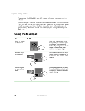 Page 3930
Chapter 2: Getting Started
www.gateway.com
You can use the EZ-Pad left and right buttons below the touchpad to select 
objects.
You can assign a function to the rocker switch between the touchpad buttons. 
This function can be to scroll up or down, maximize or minimize the active 
window, or open and close the Start menu. For more information about 
programming the rocker switch, see “Changing the touchpad settings” on 
page 152.
Using the touchpad
To... Do this...
Move the pointer 
on the screen.Move...