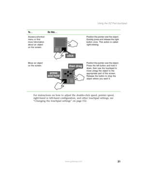 Page 4031
Using the EZ Pad touchpad
www.gateway.com
For instructions on how to adjust the double-click speed, pointer speed, 
right-hand or left-hand configuration, and other touchpad settings, see 
“Changing the touchpad settings” on page 152.
Access a shortcut 
menu or find 
more information 
about an object 
on the screen.Position the pointer over the object. 
Quickly press and release the right 
button once. This action is called 
right-clicking.
Move an object 
on the screen.Position the pointer over the...