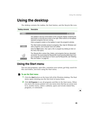 Page 5445
Using the desktop
www.gateway.com
Using the desktop
The desktop contains the taskbar, the Start button, and the Recycle Bin icon.
Using the Start menu
You can start programs, open files, customize your system, get help, search for 
files and folders, and more using the Start menu.
To use the Start menu:
1Click the Start button on the lower left of the Windows desktop. The Start 
menu opens showing you the first level of menu items.
2Click All Programs to see all programs and files in the Start menu....