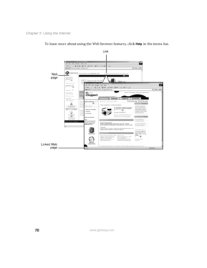 Page 7970
Chapter 5: Using the Internet
www.gateway.com
To learn more about using the Web browser features, click Help in the menu bar.
Web
pageLink
Linked Web
page 