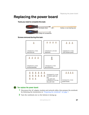 Page 7267
Replacing the power board
www.gateway.com
Replacing the power board
Tools you need to complete this task:
Screws removed during this task:
Too replace the power board:
1Disconnect the AC adapter, modem and network cables, then prepare the notebook 
by following the instructions in “Preparing the notebook” on page 7.
2Turn the notebook over so the bottom is facing up.
Flat-blade driver Scribe or non-marring tool- OR -
Phillips #0 screwdriver
4 chrome 2.5 × 2.5 mm
(keyboard)
4 chrome 2.5 × 4 mm
(cooling...