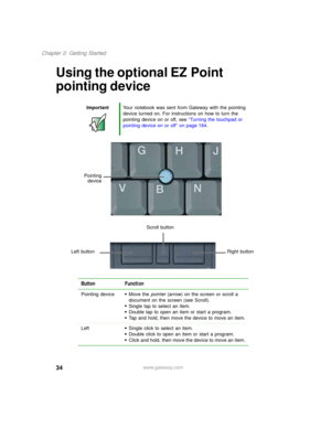 Page 4434
Chapter 2: Getting Started
www.gateway.com
Using the optional EZ Point 
pointing device
ImportantYour notebook was sent from Gateway with the pointing 
device turned on. For instructions on how to turn the 
pointing device on or off, see “Turning the touchpad or 
pointing device on or off” on page 184.
Button Function
Pointing device■Move the pointer (arrow) on the screen or scroll a 
document on the screen (see Scroll).
■Single tap to select an item.■Double tap to open an item or start a program.■Tap...