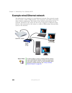 Page 212202
Chapter 11: Networking Your Gateway M275
www.gateway.com
Example wired Ethernet network
The following is an example of a wired Ethernet network. The network is made 
up of a router, a cable or DSL modem, your computers, and cables connecting 
each of these components. The router is the central control point for the 
network. Attached to the router are all of your computers or Ethernet-ready 
devices. Also connected to the router is a cable or DSL modem that provides 
access to the Internet.
Tips &...