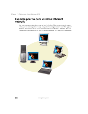 Page 218208
Chapter 11: Networking Your Gateway M275
www.gateway.com
Example peer-to-peer wireless Ethernet 
network
Use a peer-to-peer (also known as ad hoc) wireless Ethernet network if you are 
setting up or joining a temporary computer-to-computer network. This type of 
network does not include access into a wired network or the Internet. You can 
create this type of network to quickly move files from one computer to another. 