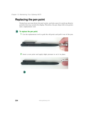 Page 234224
Chapter 13: Maintaining Your Gateway M275
www.gateway.com
Replacing the pen point
Normal use can wear down the pen’s point, and also cause it to pick up abrasive 
particles that may scratch the display. Therefore, the pen ships with extra points 
and a replacement tool.
To replace the pen point:
1Use the replacement tool to grab the old point and pull it out of the pen.
2Insert a new point and apply slight pressure to set it in place. 