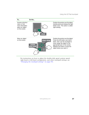 Page 4737
Using the EZ Pad touchpad
www.gateway.com
For instructions on how to adjust the double-click speed, pointer speed, 
right-hand or left-hand configuration, and other touchpad settings, see 
“Changing the touchpad settings” on page 192.
Access a shortcut 
menu or find 
more information 
about an object 
on the screen.Position the pointer over the object. 
Quickly press and release the right 
button once. This action is called 
right-clicking.
Move an object 
on the screen.Position the pointer over the...