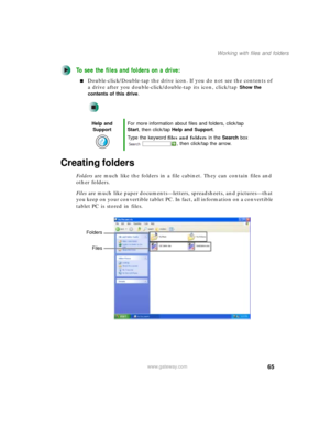 Page 7565
Working with files and folders
www.gateway.com
To see the files and folders on a drive:
■Double-click/Double-tap the drive icon. If you do not see the contents of 
a drive after you double-click/double-tap its icon, click/tap 
Show the 
contents of this drive
.
Creating folders
Folders are much like the folders in a file cabinet. They can contain files and 
other folders.
Files are much like paper documents—letters, spreadsheets, and pictures—that 
you keep on your convertible tablet PC. In fact, all...