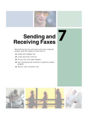 Page 1457
135
Sending and
Receiving Faxes
Microsoft Fax lets you send and receive faxes using the 
modem. Read this chapter to learn how to:
■Install and configure Fax
■Create and send a new fax
■Set up a fax cover page template
■Fax a document you scanned or created in another 
program
■Receive, view, and print a fax 