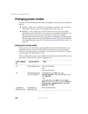 Page 166156
Chapter 8: Managing Power
www.gateway.com
Changing power modes
You can use the following power modes to lengthen the life of your notebook’s 
battery:
■Standby - while your notebook is in Standby, it switches to a low power 
state where devices, such as the display and drives, turn off.
■Hibernate - (also called save to disk) writes all current memory (RAM) 
information to the hard drive, then turns your notebook completely off. 
The next time you turn on your notebook, it reads the memory...