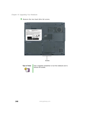 Page 258248
Chapter 15: Upgrading Your Notebook
www.gateway.com
5Remove the two hard drive kit screws.
Tips & TricksUse a magnetic screwdriver or turn the notebook over to 
remove the screws.
 
Screws 