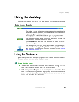 Page 5545
Using the desktop
www.gateway.com
Using the desktop
The desktop contains the taskbar, the Start button, and the Recycle Bin icon.
Using the Start menu
You can start programs, open files, customize your system, get help, search for 
files and folders, and more using the Start menu.
To use the Start menu:
1Click the Start button on the lower left of the Windows desktop. The Start 
menu opens showing you the first level of menu items.
2Click All Programs or Programs to see all programs and files in the...