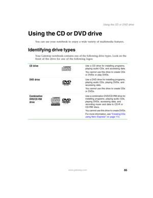 Page 9585
Using the CD or DVD drive
www.gateway.com
Using the CD or DVD drive
You can use your notebook to enjoy a wide variety of multimedia features.
Identifying drive types
Your Gateway notebook contains one of the following drive types. Look on the 
front of the drive for one of the following logos:
CD drive
Use a CD drive for installing programs, 
playing audio CDs, and accessing data.
You cannot use this drive to create CDs 
or DVDs or play DVDs.
DVD driveUse a DVD drive for installing programs, 
playing...