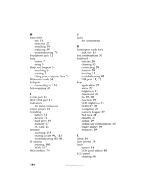 Page 150144www.gateway.com
H
hard drive
bay
 14
indicator 27
installing 59
replacing 59
troubleshooting 79
headphone jack 12
help
online
 7
using 5
Help and Support 5
searching 6
starting 5
Using your computer link 5
Hibernate mode 54
hotspots
connecting to
 124
hot-swapping 43
I
i.Link port 11
IEEE 1394 port 11
indicators
See status indicators
inkjet printer
 18
installing
battery
 51
devices 74
hard drive 59
memory 57
PC Card 43
Internet
accessing
 118
sharing access 96, 115
troubleshooting 80, 84
IP address...