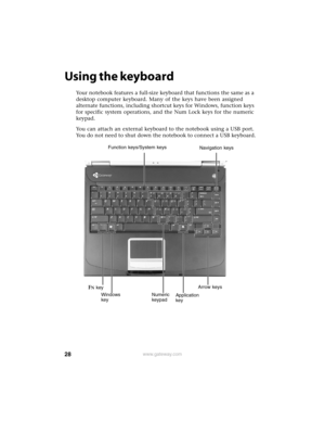 Page 3428www.gateway.com
Using the keyboard
Your notebook features a full-size keyboard that functions the same as a 
desktop computer keyboard. Many of the keys have been assigned 
alternate functions, including shortcut keys for Windows, function keys 
for specific system operations, and the Num Lock keys for the numeric 
keypad.
You can attach an external keyboard to the notebook using a USB port. 
You do not need to shut down the notebook to connect a USB keyboard.
Function keys/System keys
Navigation keys...