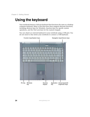 Page 3424
Chapter 2: Getting Started
www.gateway.com
Using the keyboard
Your notebook features a full-size keyboard that functions the same as a desktop 
computer keyboard. Many of the keys have been assigned alternate functions, 
including shortcut keys for Windows, function keys for specific system 
operations, and the Pad Lock keys for the numeric keypad.
You can attach an external keyboard to your notebook using a USB port. You 
do not need to shut down your notebook to connect a USB keyboard.
Function...