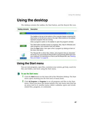 Page 5747
Using the desktop
www.gateway.com
Using the desktop
The desktop contains the taskbar, the Start button, and the Recycle Bin icon.
Using the Start menu
You can start programs, open files, customize your system, get help, search for 
files and folders, and more using the Start menu.
To use the Start menu:
1Click the Start button on the lower left of the Windows desktop. The Start 
menu opens showing you the first level of menu items.
2Click All Programs or Programs to see all programs and files in the...