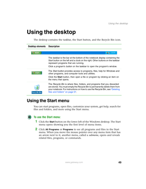 Page 5949
Using the desktop
www.gateway.com
Using the desktop
The desktop contains the taskbar, the Start button, and the Recycle Bin icon.
Using the Start menu
You can start programs, open files, customize your system, get help, search for 
files and folders, and more using the Start menu.
To use the Start menu:
1Click the Start button on the lower left of the Windows desktop. The Start 
menu opens showing you the first level of menu items.
2Click All Programs or Programs to see all programs and files in the...