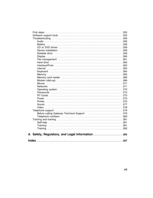 Page 9          vii
First  steps   . . . . . . . . . . . . . . . . . . . . . . . . . . . . . . . . . . . . . . . . . . . . . . . . . . . . . . .  255
Software  support  tools  . . . . . . . . . . . . . . . . . . . . . . . . . . . . . . . . . . . . . . . . . . . . . .  255
Troubleshooting  . . . . . . . . . . . . . . . . . . . . . . . . . . . . . . . . . . . . . . . . . . . . . . . . . . .  256
Audio  . . . . . . . . . . . . . . . . . . . . . . . . . . . . . . . . . . . . . . . . . . . . . . . . . . . . . . . ....