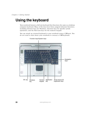 Page 3828
Chapter 2: Getting Started
www.gateway.com
Using the keyboard
Your notebook features a full-size keyboard that functions the same as a desktop 
computer keyboard. Many of the keys have been assigned alternate functions, 
including shortcut keys for Windows, function keys for specific system 
operations, and the Pad Lock keys for the numeric keypad.
You can attach an external keyboard to your notebook using a USB port. You 
do not need to shut down your notebook to connect a USB keyboard.
Function...