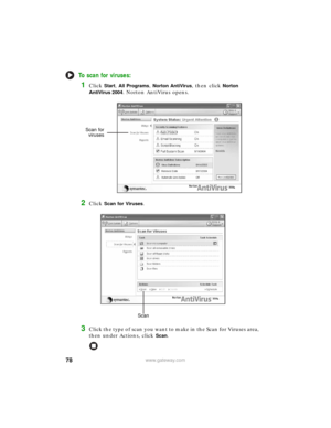 Page 8478www.gateway.com
To scan for viruses:
1Click Start, All Programs, Norton AntiVirus, then click Norton 
AntiVirus 2004
. Norton AntiVirus opens.
2Click Scan for Viruses.
3Click the type of scan you want to make in the Scan for Viruses area, 
then under Actions, click 
Scan.
Scan for
viruses
Scan 