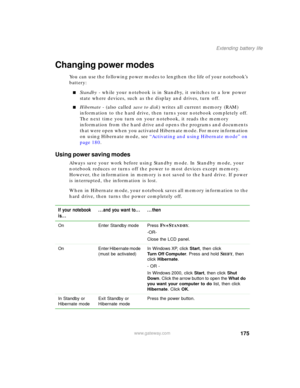 Page 185175
Extending battery life
www.gateway.com
Changing power modes
You can use the following power modes to lengthen the life of your notebook’s 
battery:
■Standby - while your notebook is in Standby, it switches to a low power 
state where devices, such as the display and drives, turn off.
■Hibernate - (also called save to disk) writes all current memory (RAM) 
information to the hard drive, then turns your notebook completely off. 
The next time you turn on your notebook, it reads the memory 
information...
