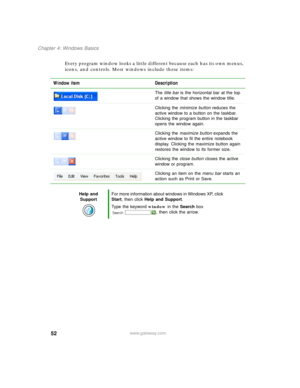 Page 6252
Chapter 4: Windows Basics
www.gateway.com
Every program window looks a little different because each has its own menus, 
icons, and controls. Most windows include these items:
Window item Description
The title bar is the horizontal bar at the top 
of a window that shows the window title.
Clicking the minimize button reduces the 
active window to a button on the taskbar. 
Clicking the program button in the taskbar 
opens the window again.
Clicking the maximize button expands the 
active window to fit...