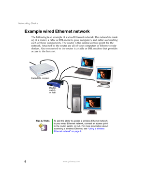 Page 126
Networking Basics
www.gateway.com
Example wired Ethernet network
The following is an example of a wired Ethernet network. The network is made 
up of a router, a cable or DSL modem, your computers, and cables connecting 
each of these components. The router is the central control point for the 
network. Attached to the router are all of your computers or Ethernet-ready 
devices. Also connected to the router is a cable or DSL modem that provides 
access to the Internet.
Tips & TricksTo add the ability to...