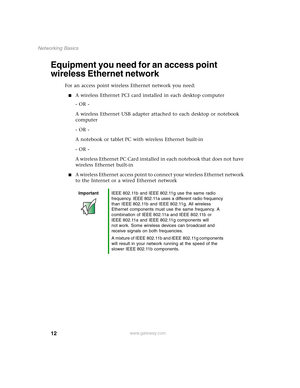 Page 1812
Networking Basics
www.gateway.com
Equipment you need for an access point 
wireless Ethernet network
For an access point wireless Ethernet network you need:
■A wireless Ethernet PCI card installed in each desktop computer
- OR -
A wireless Ethernet USB adapter attached to each desktop or notebook 
computer
- OR -
A notebook or tablet PC with wireless Ethernet built-in
- OR -
A wireless Ethernet PC Card installed in each notebook that does not have 
wireless Ethernet built-in
■A wireless Ethernet access...