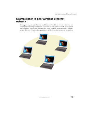 Page 185175
Using a wireless Ethernet network
www.gateway.com
Example peer-to-peer wireless Ethernet 
network
Use a peer-to-peer (also known as ad hoc) wireless Ethernet network if you are 
setting up or joining a temporary computer-to-computer network. This type of 
network does not include access into a wired network or the Internet. You can 
create this type of network to quickly move files from one computer to another. 