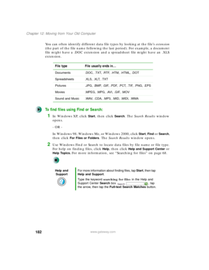 Page 192182
Chapter 12: Moving from Your Old Computer
www.gateway.com
You can often identify different data file types by looking at the file’s extension 
(the part of the file name following the last period). For example, a document 
file might have a .DOC extension and a spreadsheet file might have an .XLS 
extension.
To find files using Find or Search:
1In Windows XP, click Start, then click Search. The Search Results window 
opens.
- OR -
In Windows 98, Windows Me, or Windows 2000, click 
Start, Find or...