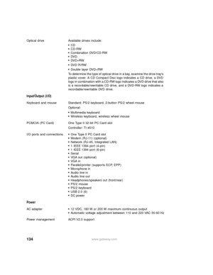 Page 140134www.gateway.com Optical drive Available drives include:
■CD■CD-RW■Combination DVD/CD-RW■DV D■DV D + RW
■DVD R/RW
■Double layer DVD+RW
To determine the type of optical drive in a bay, examine the drive trays 
plastic cover. A CD Compact Disc logo indicates a CD drive, a DVD 
logo in combination with a CD-RW logo indicates a DVD drive that also 
is a recordable/rewritable CD drive, and a DVD-RW logo indicates a 
recordable/rewritable DVD drive.
Input/Output (I/O)
Keyboard and mouse Standard: PS/2...