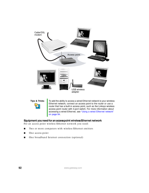 Page 9892www.gateway.com
Equipment you need for an access point wireless Ethernet network
For an access point wireless Ethernet network you need:
■Two or more computers with wireless Ethernet emitters
■One access point
■One broadband Internet connection (optional)
Tips & TricksTo add the ability to access a wired Ethernet network to your wireless 
Ethernet network, connect an access point to the router or use a 
router that has a built-in access point, such as the Linksys wireless 
access point router with...