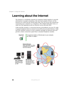 Page 7466
Chapter 5: Using the Internet
www.gateway.com
Learning about the Internet
The Internet is a worldwide network of computers linked together to provide 
information to people everywhere. The two most popular services on the 
Internet are e-mail and the World Wide Web. You can access this network by 
connecting your computer to a telephone, DSL (Digital Subscriber Line), or 
cable line and signing up with an Internet service provider (ISP).
Cable and DSL modems, a connection known as broadband, use your...