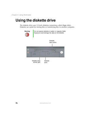 Page 8476
Chapter 6: Using Multimedia
www.gateway.com
Using the diskette drive
The diskette drive uses 3.5-inch diskettes (sometimes called floppy disks). 
Diskettes are useful for storing files or transferring files to another computer.
WarningDo not expose diskettes to water or magnetic fields. 
Exposure could damage the data on the diskette.
Diskette drive
activity lightDiskette 
driveDiskette 
eject button 