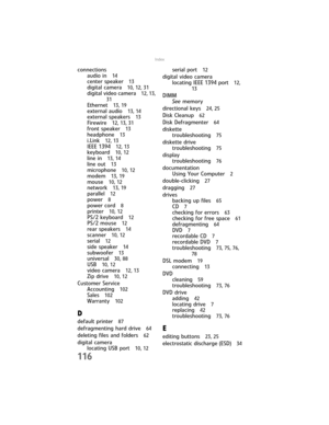 Page 122116
Index
connections
audio in 
14
center speaker 13
digital camera 10, 12, 31
digital video camera 12, 13, 
31
Ethernet 13, 19
external audio 13, 14
external speakers 13
Firewire 12, 13, 31
front speaker 13
headphone 13
i.Link 12, 13
IEEE 1394 12, 13
keyboard 10, 12
line in 13, 14
line out 13
microphone 10, 12
modem 13, 19
mouse 10, 12
network 13, 19
parallel 12
power 8
power cord 8
printer 10, 12
PS/2 keyboard 12
PS/2 mouse 12
rear speakers 14
scanner 10, 12
serial 12
side speaker 14
subwoofer 13...